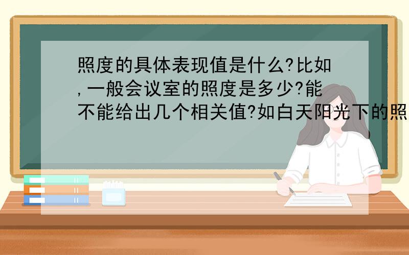 照度的具体表现值是什么?比如,一般会议室的照度是多少?能不能给出几个相关值?如白天阳光下的照度,白天室内照度?日光管下,多少W的照度又是多少?