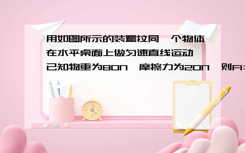 用如图所示的装置拉同一个物体在水平桌面上做匀速直线运动,已知物重为80N,摩擦力为20N,则F1＝?,F2＝?