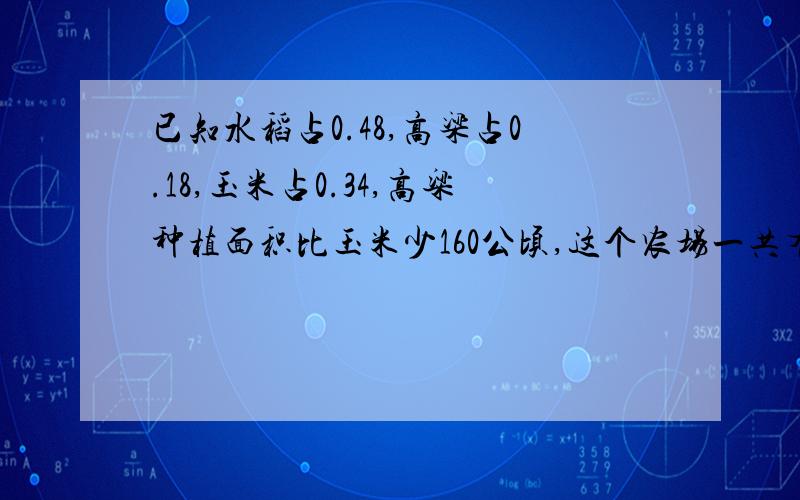 已知水稻占0.48,高梁占0.18,玉米占0.34,高粱种植面积比玉米少160公顷,这个农场一共有多少公顷土地?