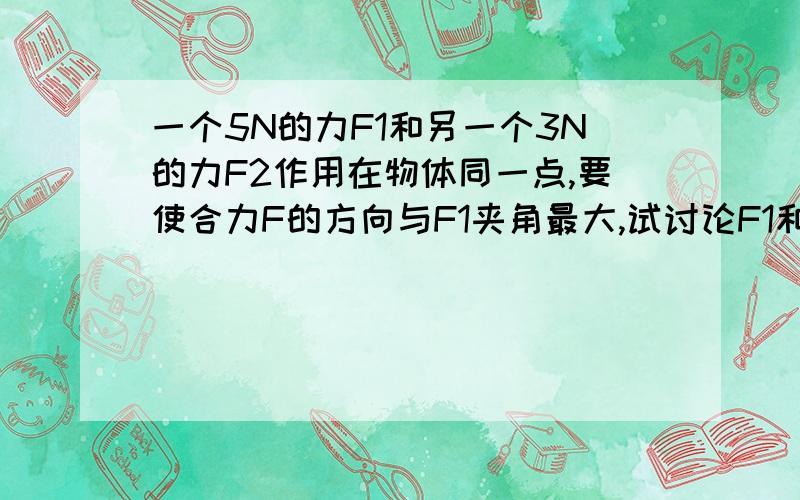 一个5N的力F1和另一个3N的力F2作用在物体同一点,要使合力F的方向与F1夹角最大,试讨论F1和F2的夹角应为多大