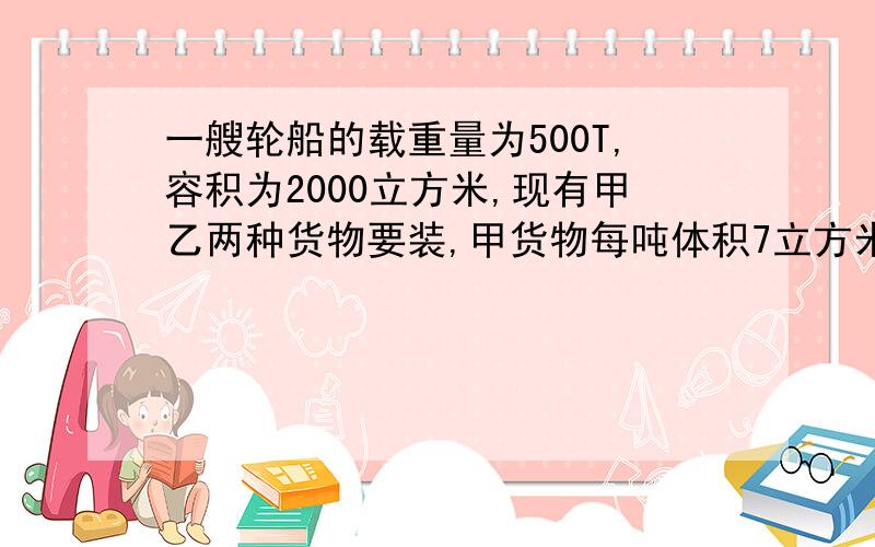 一艘轮船的载重量为500T,容积为2000立方米,现有甲乙两种货物要装,甲货物每吨体积7立方米,乙货物每吨2立方米,求怎样混装这两种货物,才能最好的利用这艘船的体积和载重量立方米,乙货物每