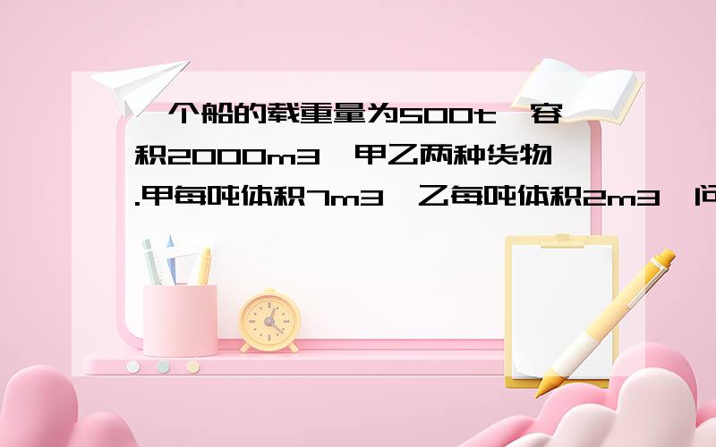 一个船的载重量为500t,容积2000m3,甲乙两种货物.甲每吨体积7m3,乙每吨体积2m3,问:怎样混装这两种货物,才能最大限度利用船的容积和可载重量?清楚一点，明白一点哦