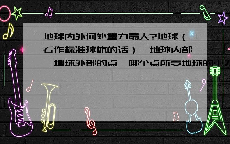 地球内外何处重力最大?地球（看作标准球体的话）,地球内部、地球外部的点,哪个点所受地球的重力最大?