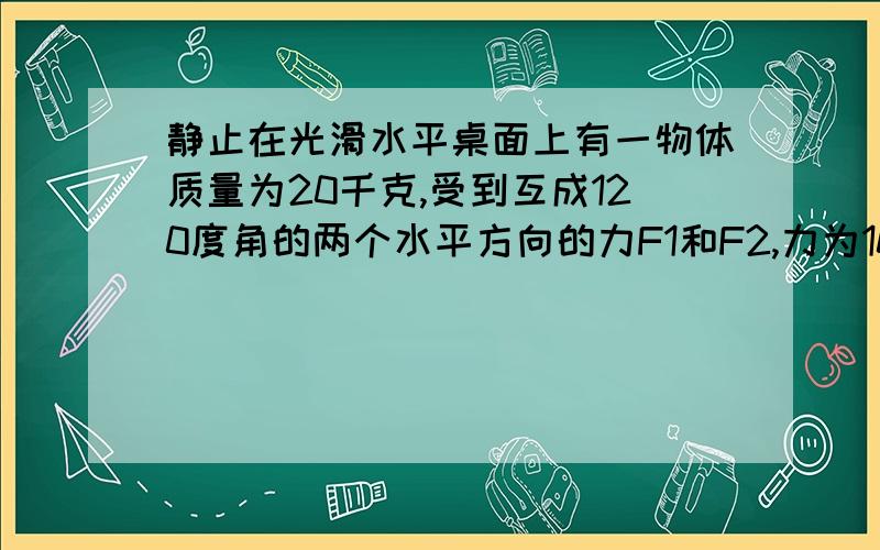 静止在光滑水平桌面上有一物体质量为20千克,受到互成120度角的两个水平方向的力F1和F2,力为100牛加速度