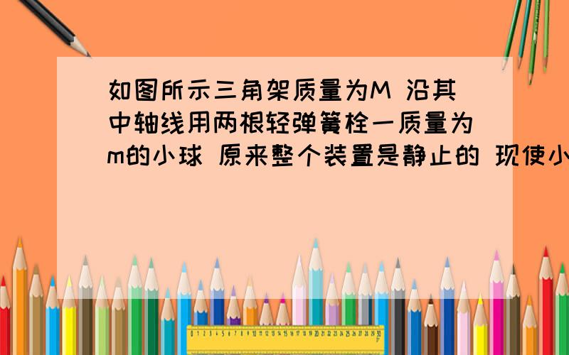 如图所示三角架质量为M 沿其中轴线用两根轻弹簧栓一质量为m的小球 原来整个装置是静止的 现使小球在竖直方向上振动起来 若当小求振动到最高点时三角架对水平面的压力恰好为0 求1、小