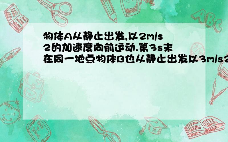 物体A从静止出发,以2m/s2的加速度向前运动.第3s末在同一地点物体B也从静止出发以3m/s2的加速度沿A运动方向前进.求：①第5s末物体A的速度大小；②5s内物体A的平均速度大小；③第5s内物体A的