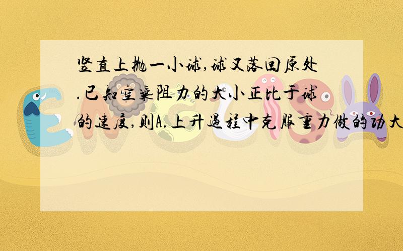 竖直上抛一小球,球又落回原处.已知空气阻力的大小正比于球的速度,则A.上升过程中克服重力做的功大于下降过程中重力做的功B.上升过程中克服重力做的功等于下降过程中重力做的功C.上升