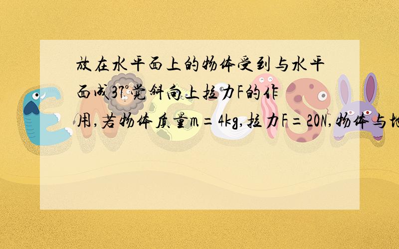 放在水平面上的物体受到与水平面成37°觉斜向上拉力F的作用,若物体质量m=4kg,拉力F=20N,物体与地面之间的动摩擦因数为0.25,sin37°=0.6 cos37°=0.8 取g=10m/s^2,求1.物体所受的滑动摩擦力2.物体运动的