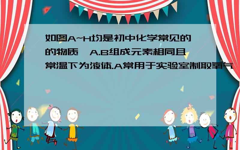 如图A~H均是初中化学常见的的物质,A.B组成元素相同且常温下为液体.A常用于实验室制取氧气,G是常见干燥剂（1）B的化学式（2）写出c生成F的化学方程式（写出一个即可）（3）写出D和E生成F