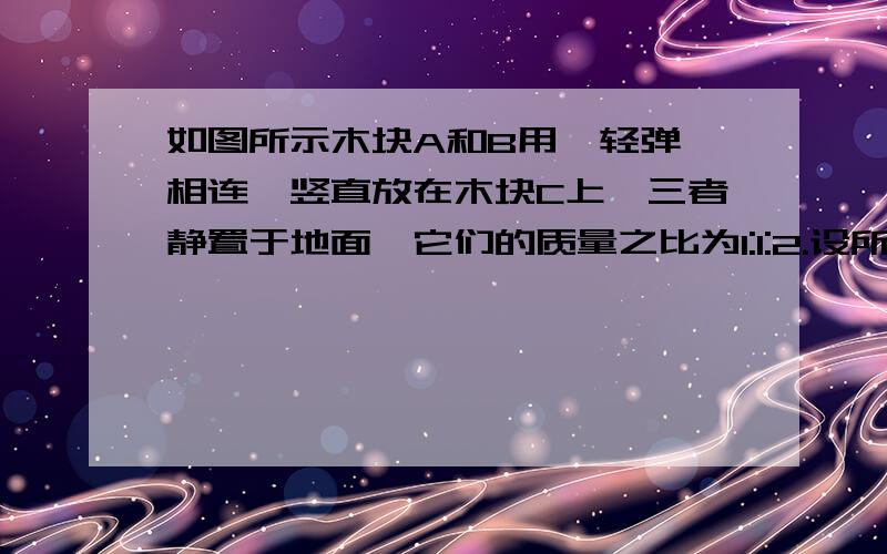 如图所示木块A和B用一轻弹簧相连,竖直放在木块C上,三者静置于地面,它们的质量之比为1:1:2.设所有接触面都光滑．当沿水平方向抽出木块C的瞬间,A、B的加速度分别是aA=（    ）,aB=（     ）．