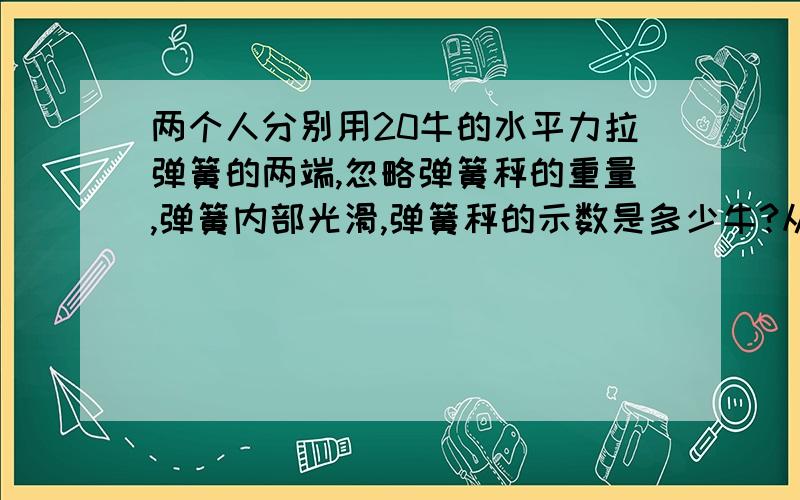 两个人分别用20牛的水平力拉弹簧的两端,忽略弹簧秤的重量,弹簧内部光滑,弹簧秤的示数是多少牛?从距地面5m高的地方以10m/s的初速度竖直向上抛一物体，物体从抛出点到落地经过的路程是?