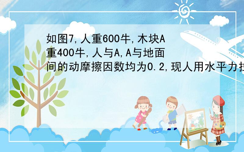 如图7,人重600牛,木块A重400牛,人与A,A与地面间的动摩擦因数均为0.2,现人用水平力拉绳,使他与木块一起向右匀速直线运动,滑轮摩擦不计,求(1)人对绳的拉力.(2)人脚给A的摩擦力方向和大小人脚