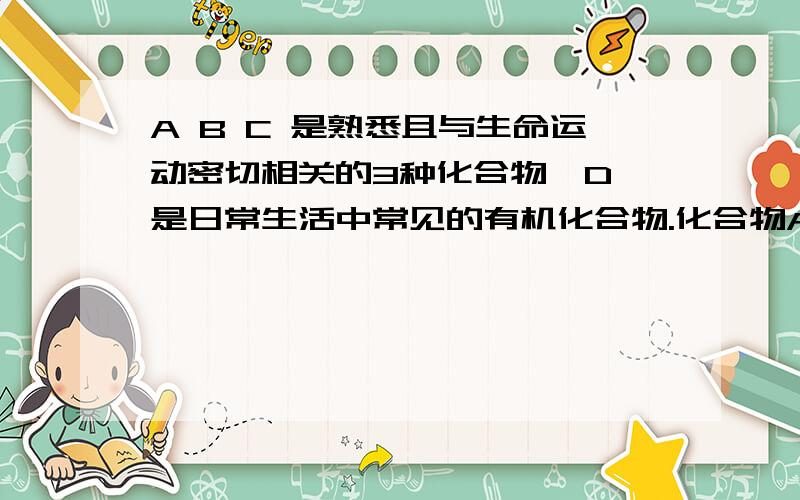 A B C 是熟悉且与生命运动密切相关的3种化合物,D 是日常生活中常见的有机化合物.化合物A和化合物B反应生成化合物C和单质甲,化合物C在一定条件下生成化合物B和化合物D.D+3甲----3A+2B.那么A B C