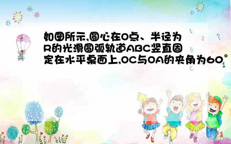 如图所示,圆心在O点、半径为R的光滑圆弧轨道ABC竖直固定在水平桌面上,OC与OA的夹角为60°,轨道最低点A与桌面相切.一足够长的轻绳两端分别系着质量为m1和m2的两小球（均可视为质点）,挂在