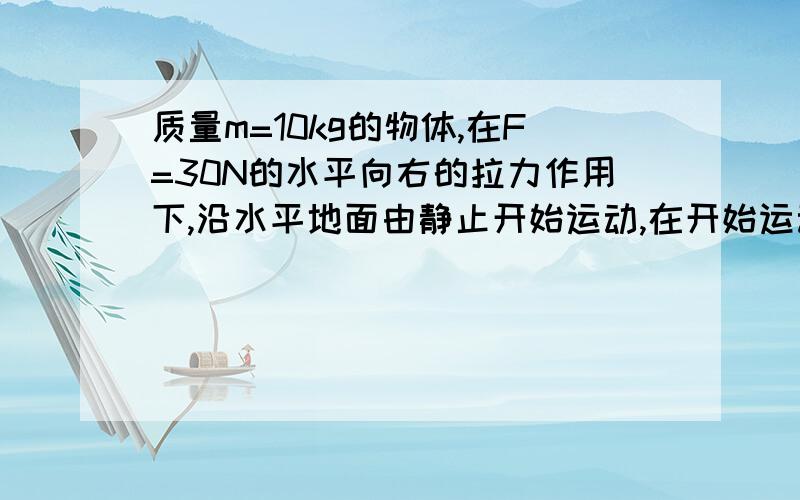 质量m=10kg的物体,在F=30N的水平向右的拉力作用下,沿水平地面由静止开始运动,在开始运动的第五秒末撤去水平拉力F,此时物体的位移x=25m,重力加速度取g=10m/s2（1）物体与地面的动摩擦因数（2