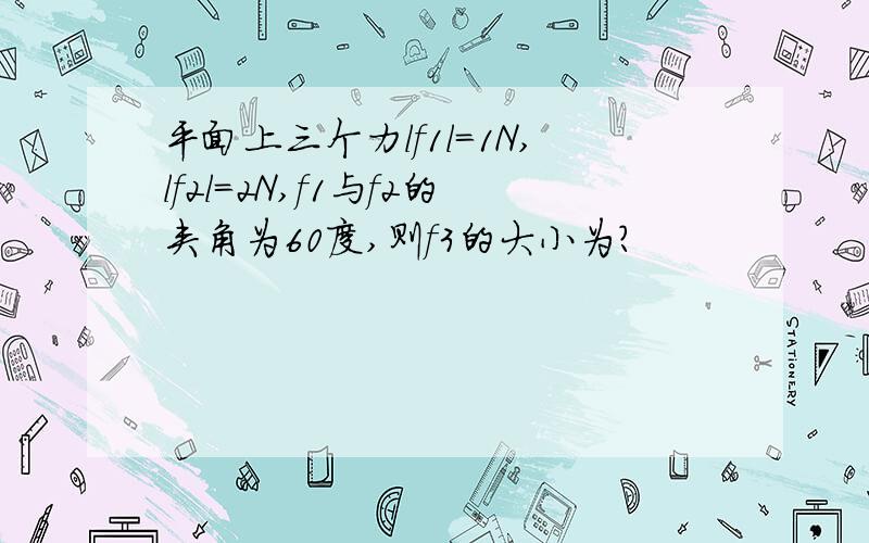 平面上三个力lf1l＝1N,lf2l＝2N,f1与f2的夹角为60度,则f3的大小为?