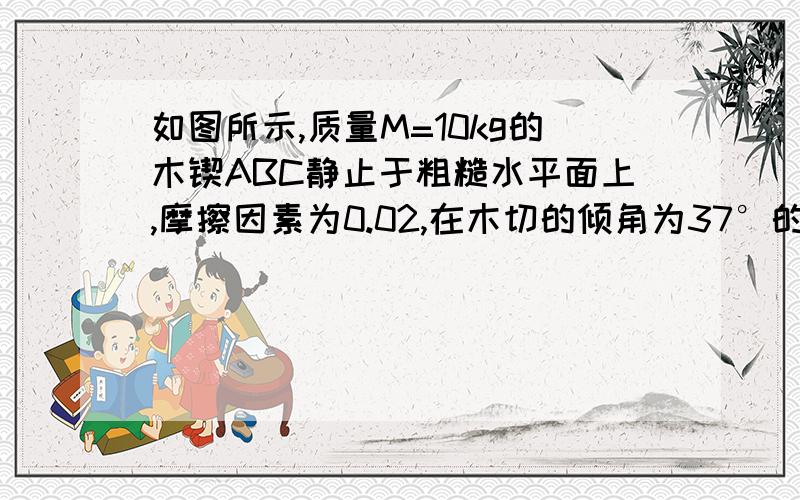 如图所示,质量M=10kg的木锲ABC静止于粗糙水平面上,摩擦因素为0.02,在木切的倾角为37°的斜面上,有一质量为1KG的物块,由初速度为V=7.6m/s开始向斜面上滑,在一过程木锲没有动.1.物块在斜面上运动