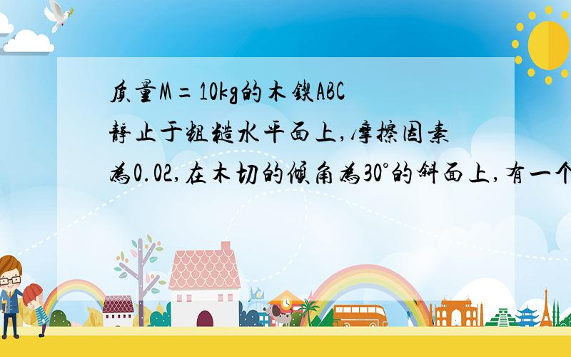 质量M=10kg的木锲ABC静止于粗糙水平面上,摩擦因素为0.02,在木切的倾角为30°的斜面上,有一个质量m=1.0kg的物块由静止开始沿斜面下滑,当滑行路程s=1.4m时,其速度v=1.4m/s．在这个过程中木楔未动．