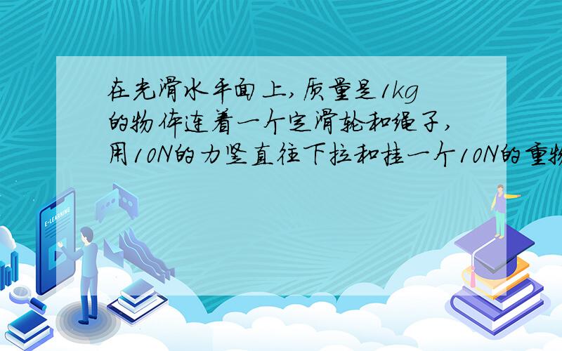 在光滑水平面上,质量是1kg的物体连着一个定滑轮和绳子,用10N的力竖直往下拉和挂一个10N的重物有什么区别