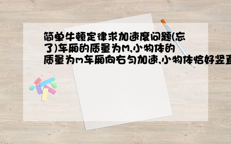 简单牛顿定律求加速度问题(忘了)车厢的质量为M,小物体的质量为m车厢向右匀加速,小物体恰好竖直在车厢壁不滑落,已知动摩擦因数u,求车厢加速度车厢的质量为M,小物体的质量为m车厢向右匀