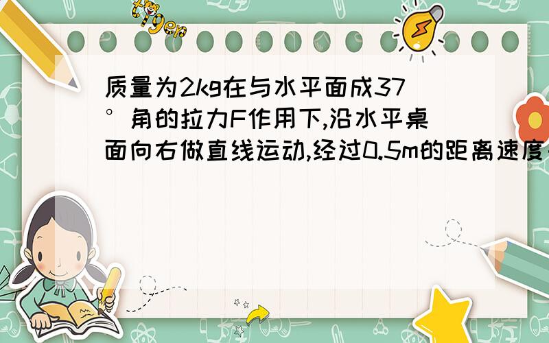 质量为2kg在与水平面成37°角的拉力F作用下,沿水平桌面向右做直线运动,经过0.5m的距离速度由0.7m/s变为根号0.35m/s,已知物体与桌面间的动摩擦因素=0.1,求作用力F的大小.（g=10m/s²)