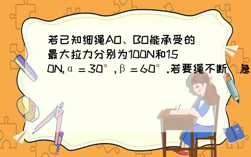 若已知细绳AO、BO能承受的最大拉力分别为100N和150N,α＝30°,β＝60°.若要绳不断（急啊!）若已知细绳AO、BO能承受的最大拉力分别为100N和150N,α＝30°,β＝60°.若要绳不断,O端下方悬挂的重物的最