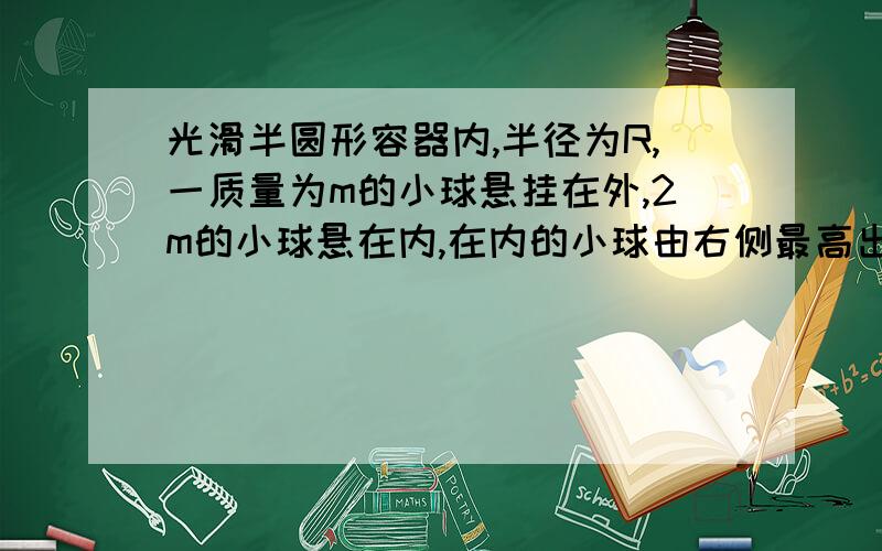 光滑半圆形容器内,半径为R,一质量为m的小球悬挂在外,2m的小球悬在内,在内的小球由右侧最高出由静止释放,求到最低点是两球的速度