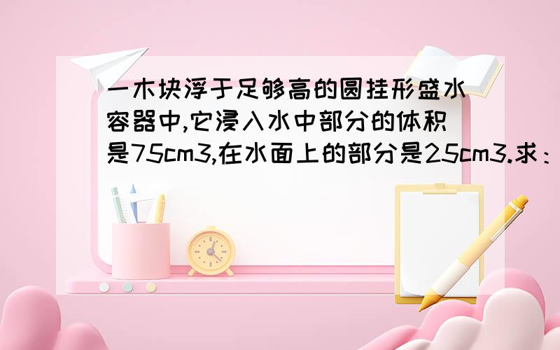 一木块浮于足够高的圆挂形盛水容器中,它浸入水中部分的体积是75cm3,在水面上的部分是25cm3.求：(1)木块受到的浮力；(2)木块的密度.