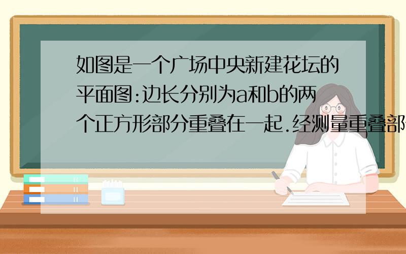 如图是一个广场中央新建花坛的平面图:边长分别为a和b的两个正方形部分重叠在一起.经测量重叠部分的面积是（a＋b－2）平方米,其余空白部分面积是（2a＋4b－9）平方米,则两个正方形边长a=