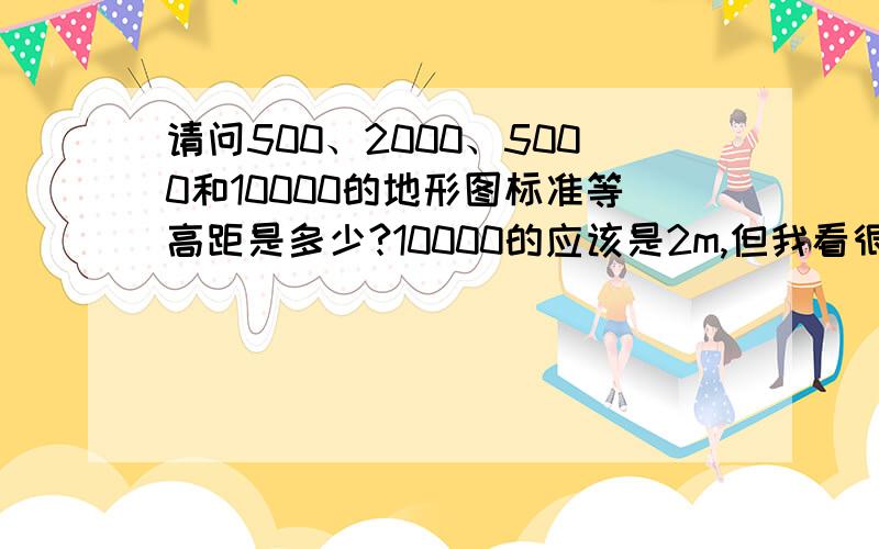 请问500、2000、5000和10000的地形图标准等高距是多少?10000的应该是2m,但我看很多图上是5m的.其它的请指教.