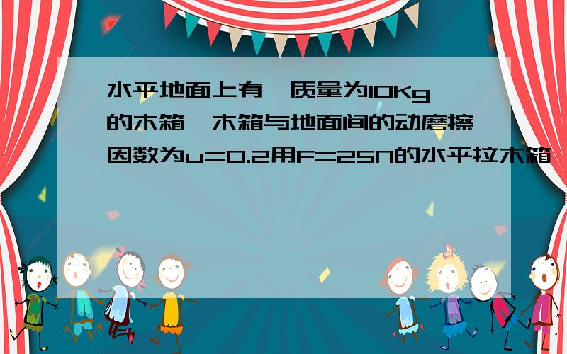 水平地面上有一质量为10Kg的木箱,木箱与地面间的动磨擦因数为u=0.2用F=25N的水平拉木箱,使其由静止开始