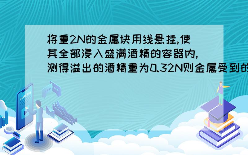 将重2N的金属块用线悬挂,使其全部浸入盛满酒精的容器内,测得溢出的酒精重为0.32N则金属受到的浮力为_____N,金属块的体积为_____立方米（g=10N/kg)酒精的密度是0.8克/立方厘米