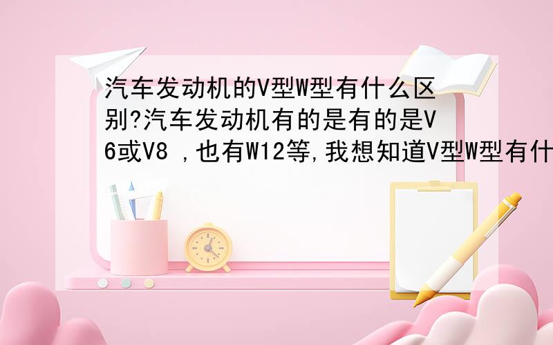 汽车发动机的V型W型有什么区别?汽车发动机有的是有的是V6或V8 ,也有W12等,我想知道V型W型有什么区别,哪个性能更好?