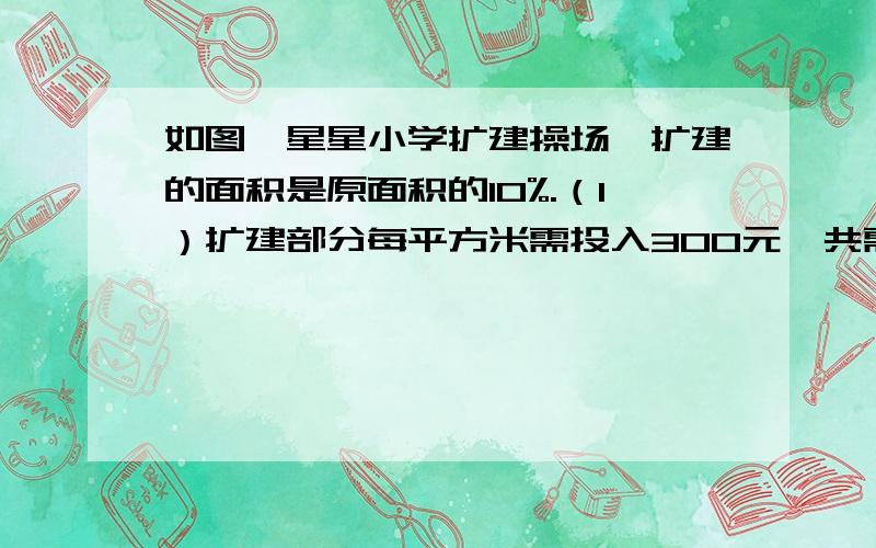 如图,星星小学扩建操场,扩建的面积是原面积的10%.（1）扩建部分每平方米需投入300元,共需投入多少元?（2）扩建后,操场的面积是多少平方米?注：原操场长80米,宽60米