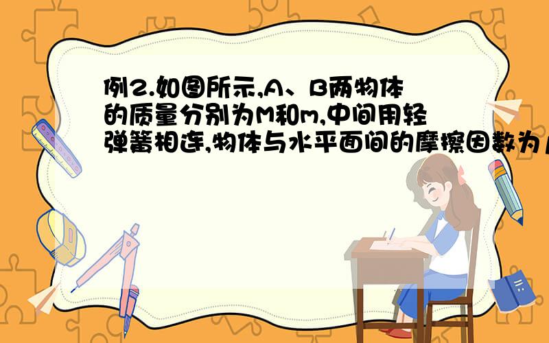 例2.如图所示,A、B两物体的质量分别为M和m,中间用轻弹簧相连,物体与水平面间的摩擦因数为μ,在水平拉力作用下,A、B一起以加速度a向右作匀加速直线运动.试求突然撤去拉力的瞬间,两物体的