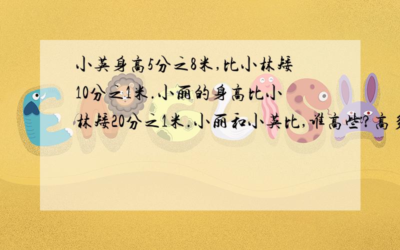 小英身高5分之8米,比小林矮10分之1米.小丽的身高比小林矮20分之1米.小丽和小英比,谁高些?高多少米?