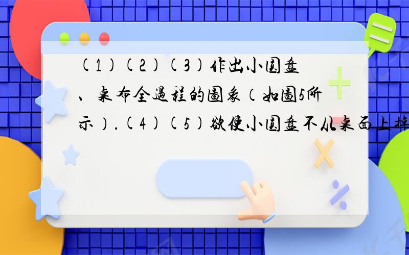 (1)(2)(3)作出小圆盘、桌布全过程的图象（如图5所示）.(4)(5)欲使小圆盘不从桌面上掉下,则　　　　　　　　　(6)由以上6式可得　答案：