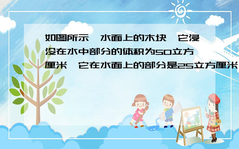 如图所示,水面上的木块,它浸没在水中部分的体积为50立方厘米,它在水面上的部分是25立方厘米,求:(1)木块受到的浮力多大?(2)木块的质量是多少?(3)木块的密度多大?