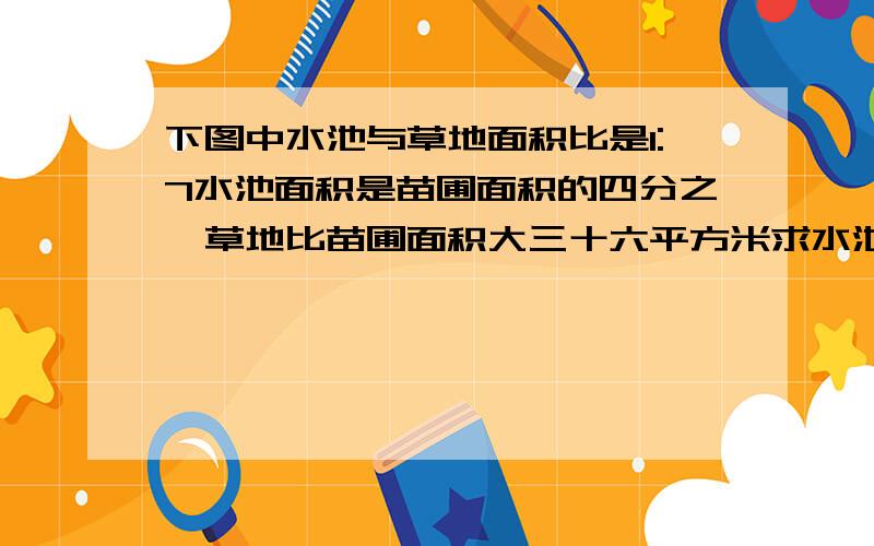 下图中水池与草地面积比是1:7水池面积是苗圃面积的四分之一草地比苗圃面积大三十六平方米求水池面积.