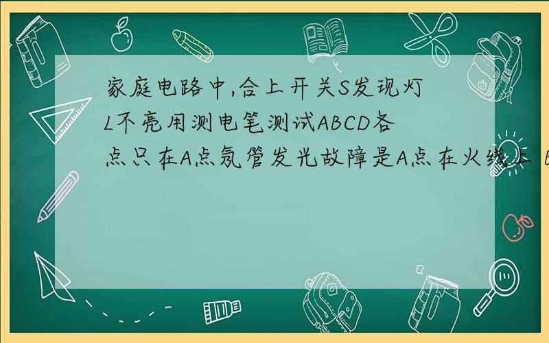 家庭电路中,合上开关S发现灯L不亮用测电笔测试ABCD各点只在A点氖管发光故障是A点在火线上 B点在零线上 C点在灯泡左端 D点在灯泡右端 BC连接零线 AD连接火线A BC直接短路 B 灯L断路C 灯L短路D