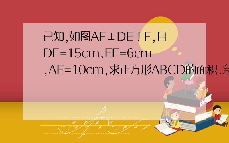 已知,如图AF⊥DE于F,且DF=15cm,EF=6cm,AE=10cm,求正方形ABCD的面积.急