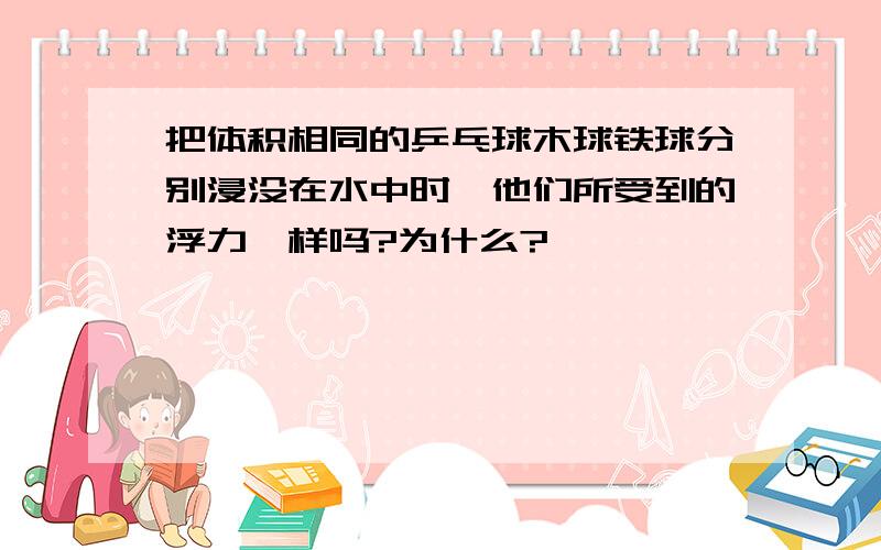 把体积相同的乒乓球木球铁球分别浸没在水中时,他们所受到的浮力一样吗?为什么?