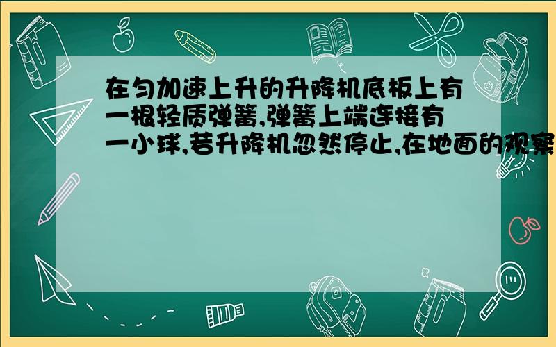 在匀加速上升的升降机底板上有一根轻质弹簧,弹簧上端连接有一小球,若升降机忽然停止,在地面的观察着看来,小球在继续上升的过程中（ )A.速度逐渐减小 B.速度先增大后减小 C.加速度逐渐