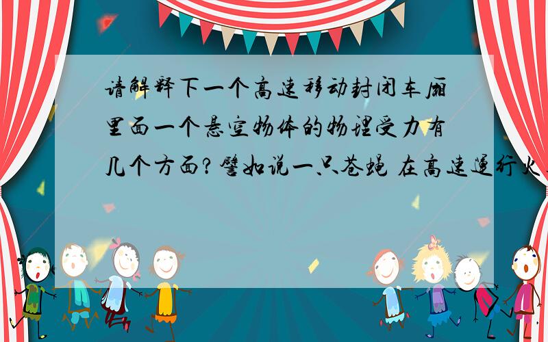 请解释下一个高速移动封闭车厢里面一个悬空物体的物理受力有几个方面?譬如说一只苍蝇 在高速运行火车厢里面飞行 这时候 它应该不和火车发生什么物理接触而为什么没有被它后面的高速