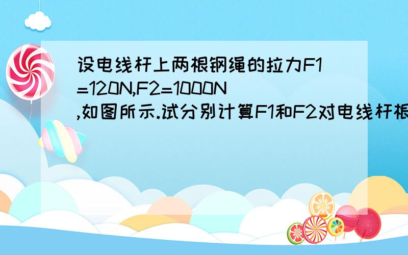 设电线杆上两根钢绳的拉力F1=120N,F2=1000N,如图所示.试分别计算F1和F2对电线杆根部O点之矩.