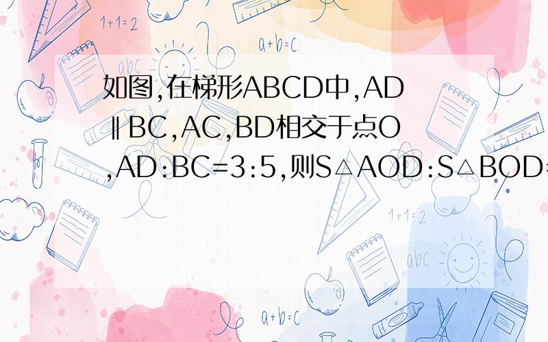 如图,在梯形ABCD中,AD‖BC,AC,BD相交于点O,AD:BC=3:5,则S△AOD:S△BOD=?S△AOD：S△AOC=?图是一个有对角线的梯形