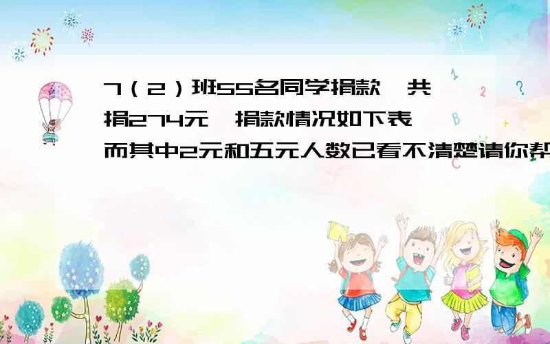 7（2）班55名同学捐款,共捐274元,捐款情况如下表,而其中2元和五元人数已看不清楚请你帮助确定表中数据,并说明理由（2种方法计算）捐款/元 1 2 5 10人数/人 6 7