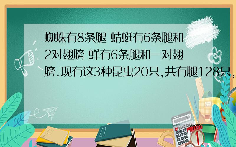蜘蛛有8条腿 蜻蜓有6条腿和2对翅膀 蝉有6条腿和一对翅膀.现有这3种昆虫20只,共有腿128只,翅膀22对,每种昆虫各有多少只?