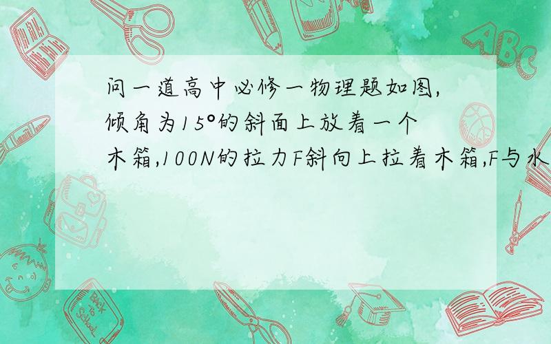 问一道高中必修一物理题如图,倾角为15°的斜面上放着一个木箱,100N的拉力F斜向上拉着木箱,F与水平方向成45°角.分别以平行于斜面和垂直于斜面的方向为x轴和y轴建立坐标系,把F分解为沿着两