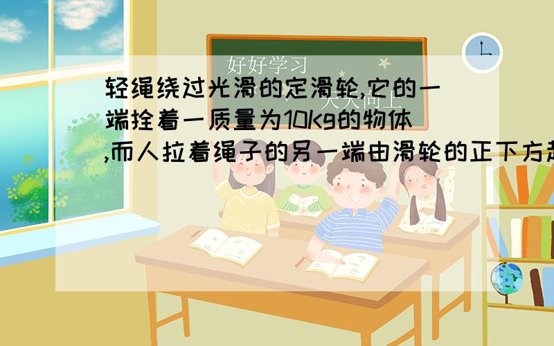 轻绳绕过光滑的定滑轮,它的一端拴着一质量为10Kg的物体,而人拉着绳子的另一端由滑轮的正下方起以2m/s的速度沿水平地面匀速向右运动,人在滑轮正下方时,滑轮右侧的绳长1m,当绳子与竖直方